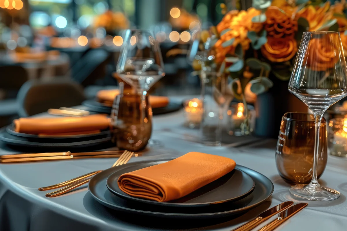 A table set with orange napkins, black plates, glasses, cutlery, and a floral centerpiece with candles in the background, creating an elegant dining atmosphere.